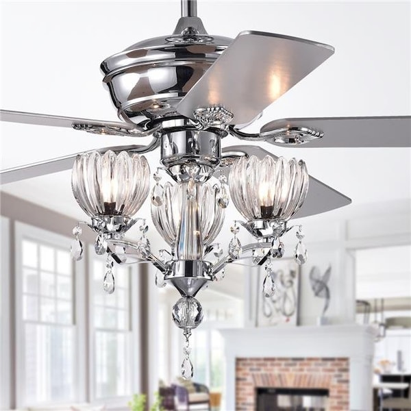Warehouse Of Tiffany CFL-8394REMO-CH 52 in. Fendal 3-Light Lighted Ceiling Fan with Flower Cup Crystal Shades; Chrome CFL-8394REMO/CH - main
